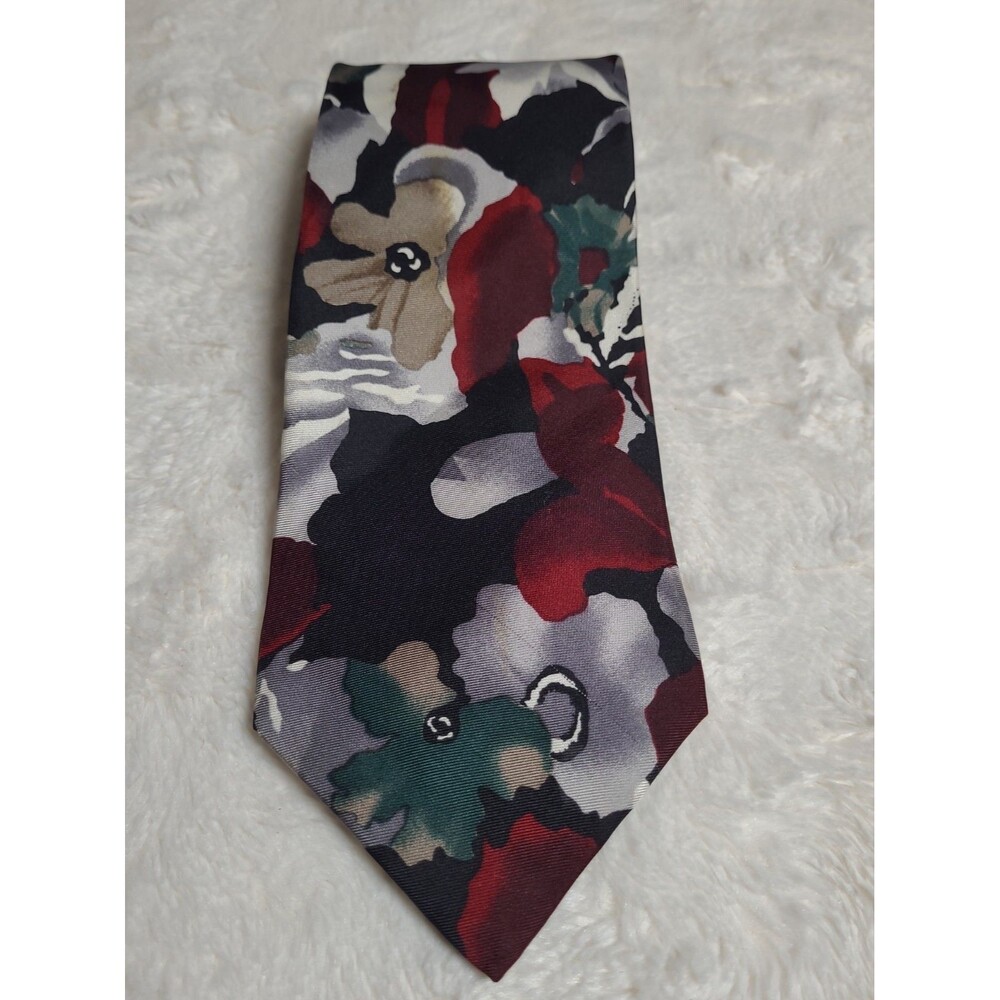 Pierre Cardin Vintage Silk Tie Black Red Gray Floral All Over Print Mens Necktie
